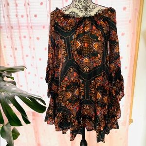 Daughters of the Revolution Off Shoulder Bell Sleeve Ruffle Boho Tunic Dress